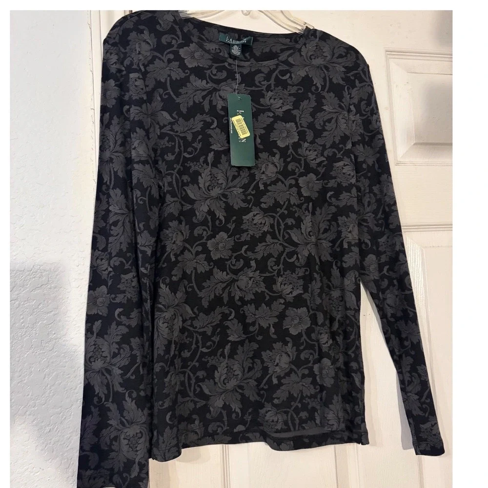 Lauren Ralph Lauren XL Black Grey Damask Floral Cotton Long Sleeve Top NWT